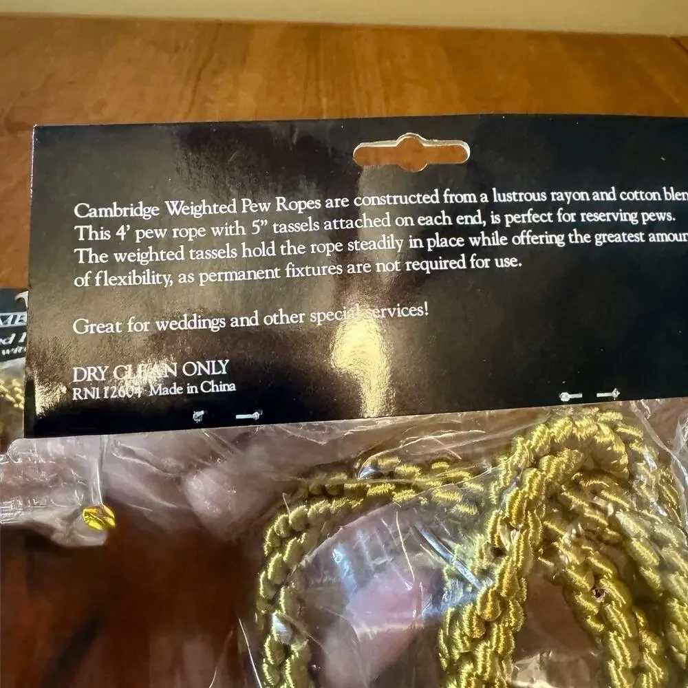 Cambridge Weighted Pew Rope 4 Ft Gold Braided Rope 5” Tassels Pair New